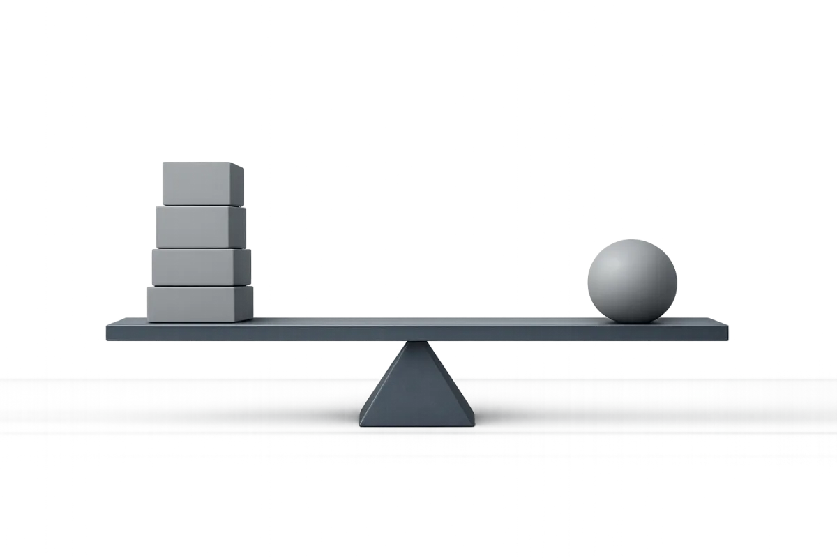 Illustration of a perfectly balanced scale with a slate beam, stacked square blocks on one side and a single circle on the other, symbolising sustainable workload balance and rest.