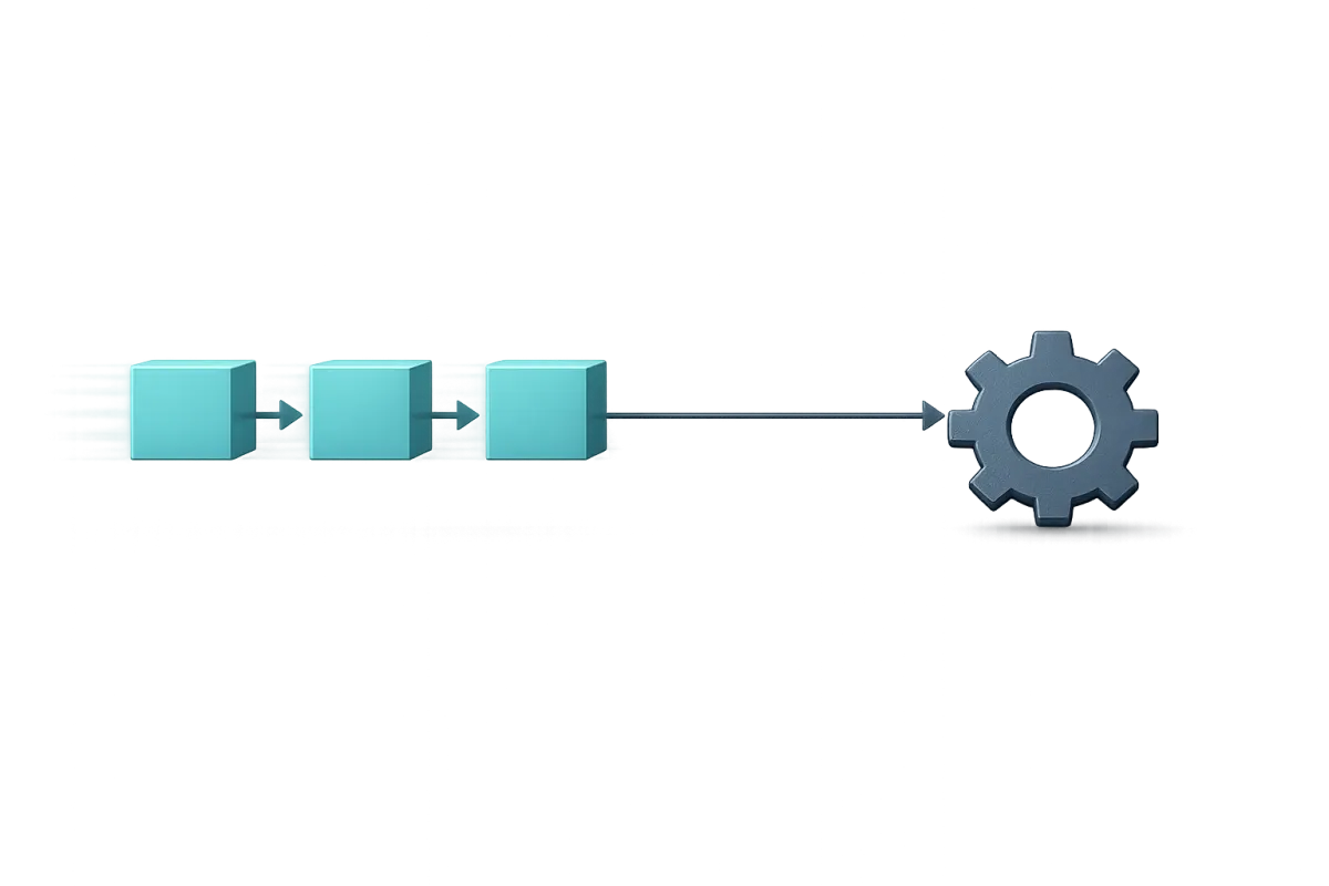 Three teal blocks moving along dark charcoal arrows into a slate gear, illustrating the transition from manual tasks to automated systems with visible motion.