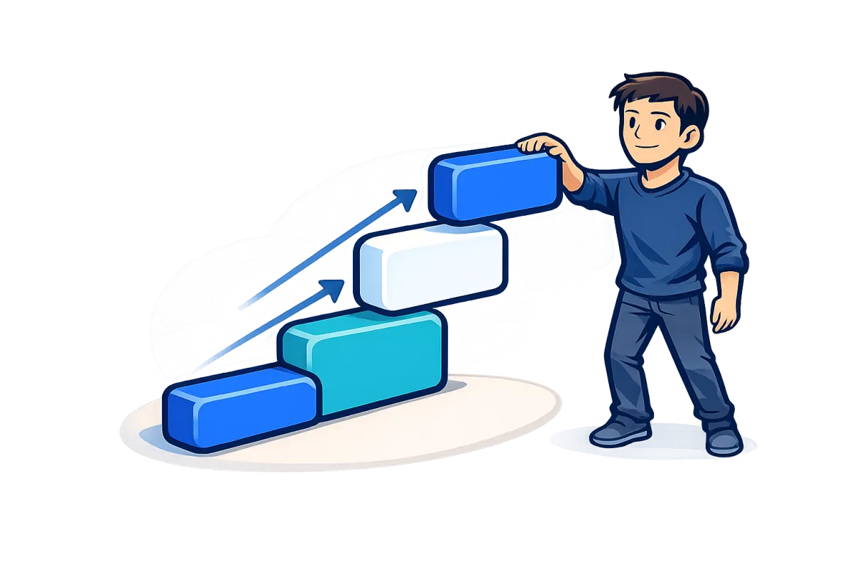 Cartoon style illustration of person building stacked process blocks representing repeatable business systems