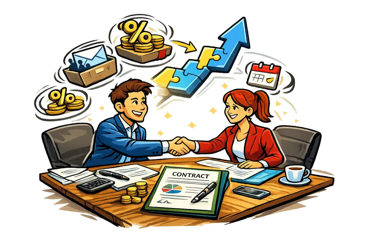 Two business owners forming structured joint venture partnership illustration