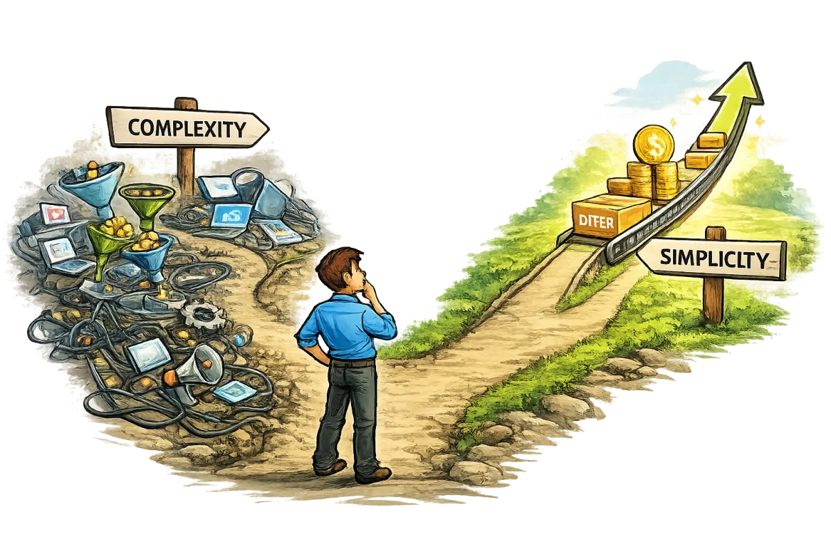 Founder choosing simple scalable business path over complex tangled growth illustration