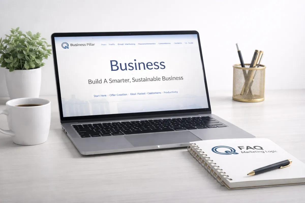 FAQ Marketing Logic business pillar page displayed on laptop with branded notebook on a clean professional workspace desk
