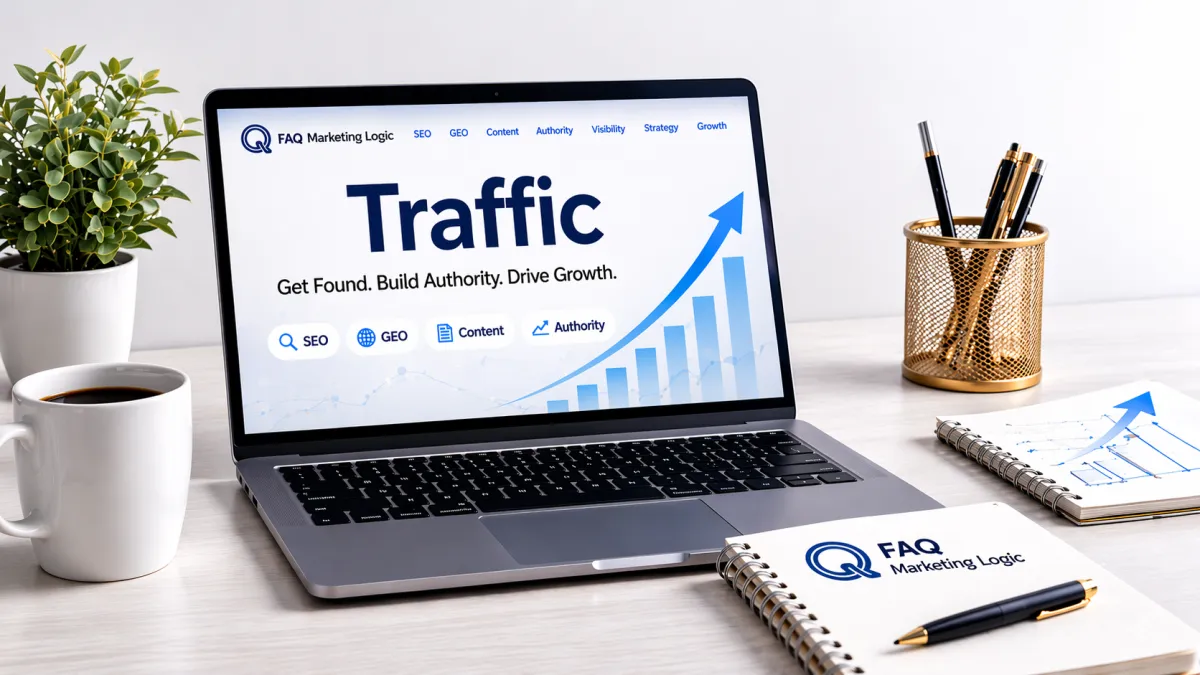 FAQ Marketing Logic traffic pillar page displayed on laptop with branded notebook and growth-themed workspace setup