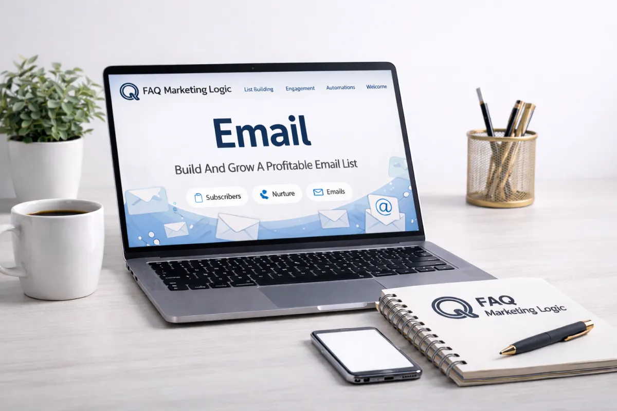 FAQ Marketing Logic email pillar page displayed on laptop with branded notebook and clean email marketing workspace setup