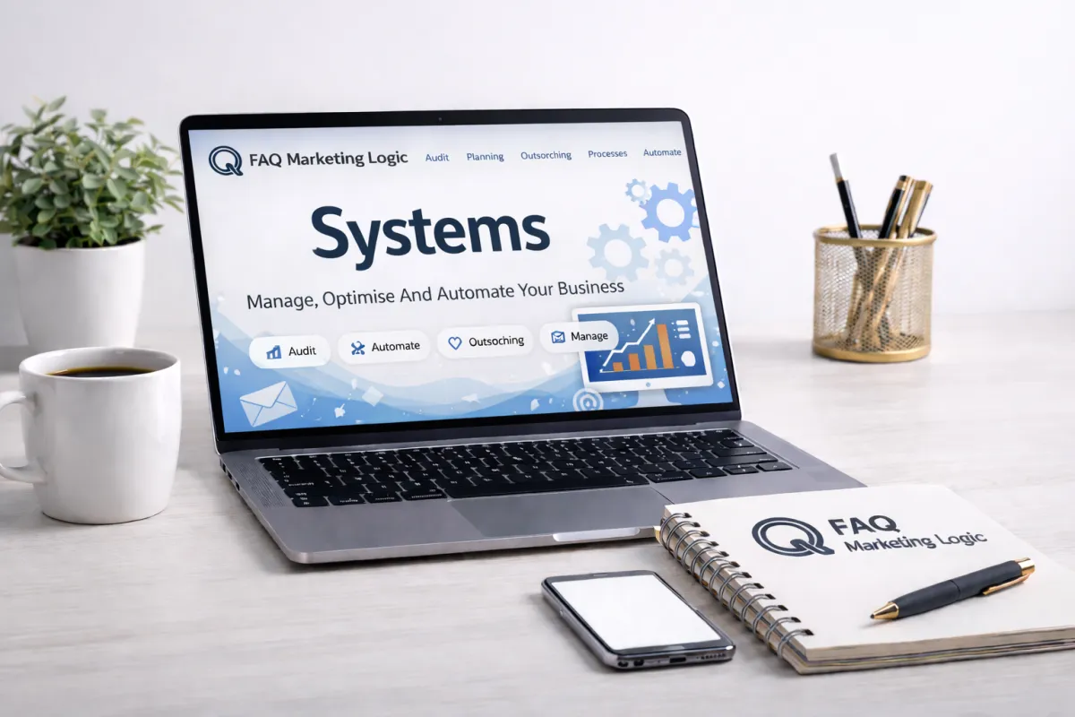 FAQ Marketing Logic systems pillar page displayed on laptop with branded notebook on a clean professional workspace desk