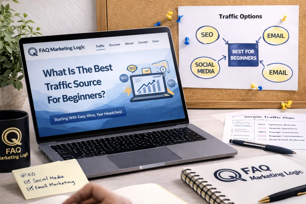 FAQ Marketing Logic traffic article displayed on laptop with branded notebook and beginner traffic strategy focused workspace setup