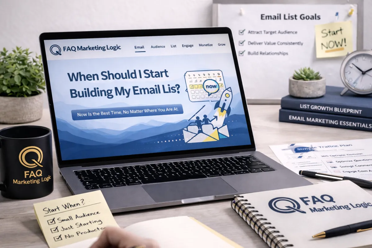 FAQ Marketing Logic email article displayed on laptop with branded notebook and email list building focused workspace setup
