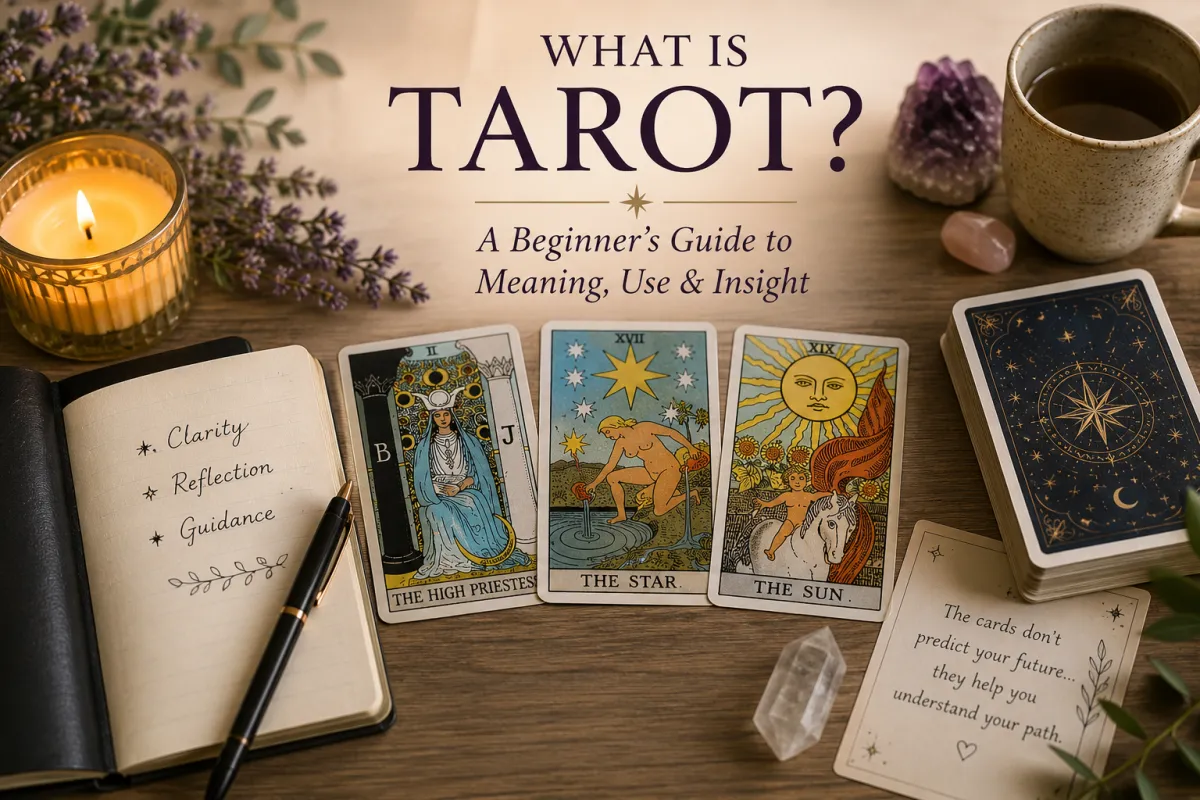 Beginner tarot guide with tarot cards journal candle and reflective learning setup for understanding tarot basics