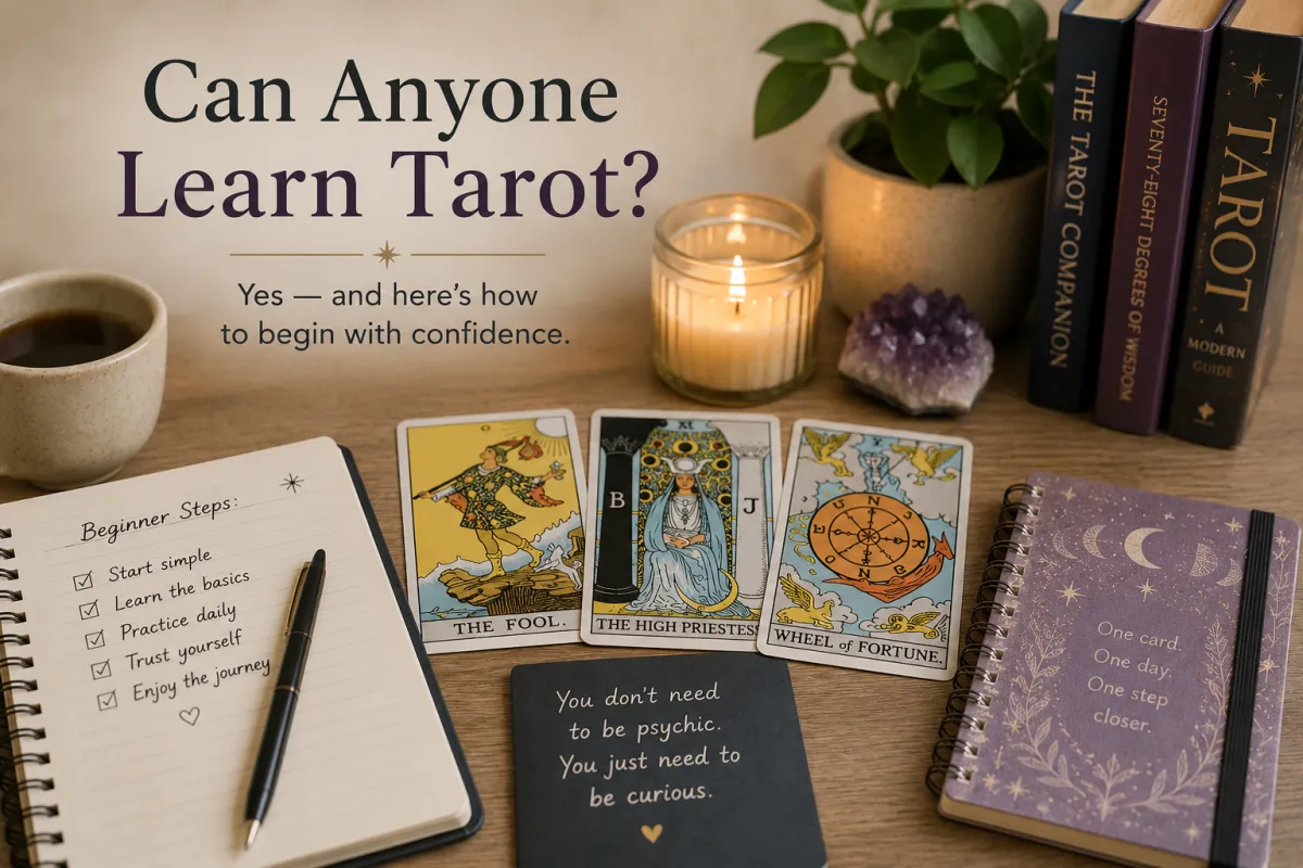 Beginner learning tarot through simple daily practice with tarot cards journal and calm reflective study environment