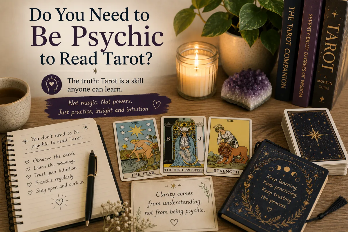 Beginner learning tarot without psychic ability using calm reflective card reading practice
