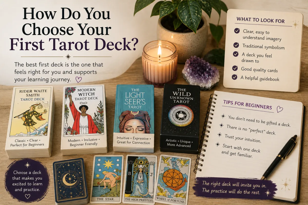 Beginner choosing first tarot deck with simple tarot cards and calm reflective study setup
