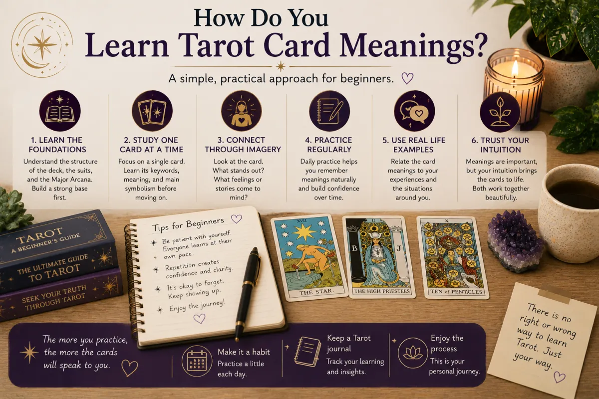Beginner learning tarot card meanings using structured study practice symbolism and reflective tarot journaling