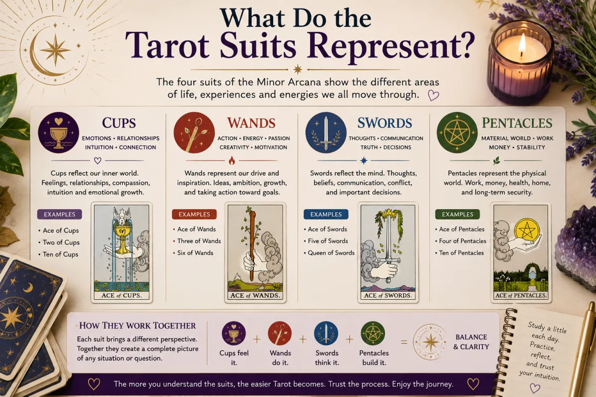 Beginner guide explaining tarot suits including cups wands swords and pentacles with structured tarot learning layout