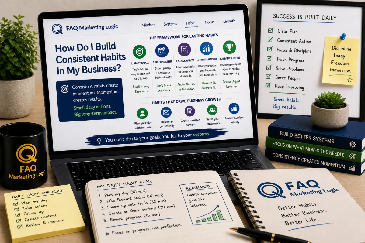 FAQ Marketing Logic systems article displayed on laptop with branded notebook and productivity focused workspace showing how to build consistent habits in business