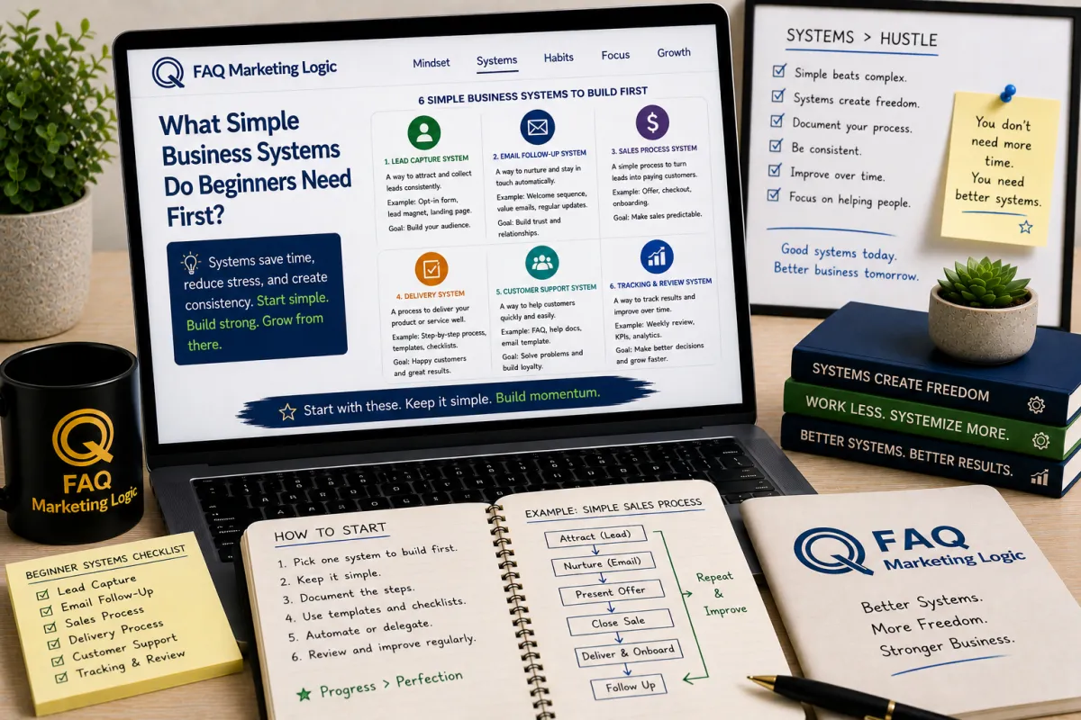 FAQ Marketing Logic systems article displayed on laptop with branded notebook and workflow focused workspace showing simple business systems beginners need first