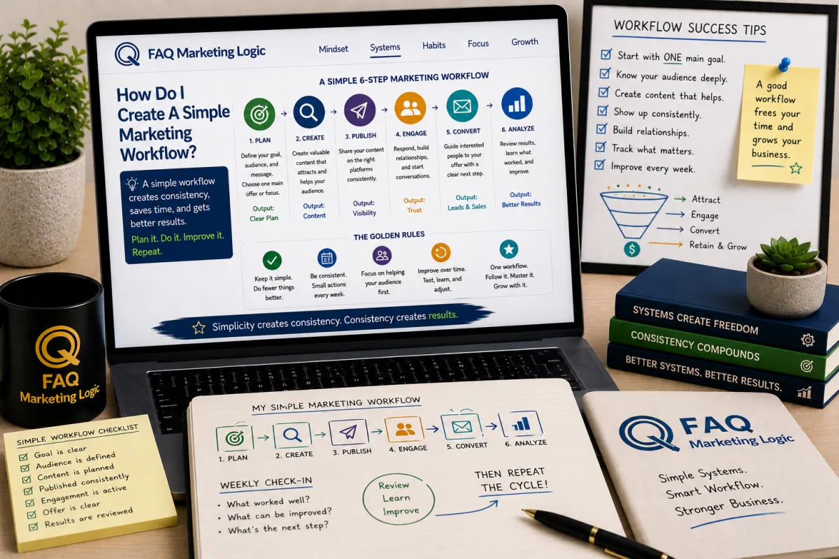 FAQ Marketing Logic systems article displayed on laptop with branded notebook and workflow planning focused workspace showing how to create a simple marketing workflow