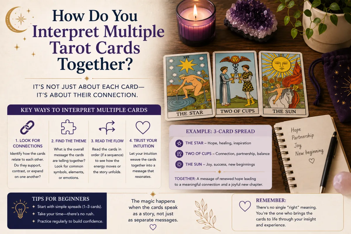 Beginner tarot reading layout showing multiple tarot cards being interpreted together through patterns symbolism and connected meanings in a reflective tarot practice setup