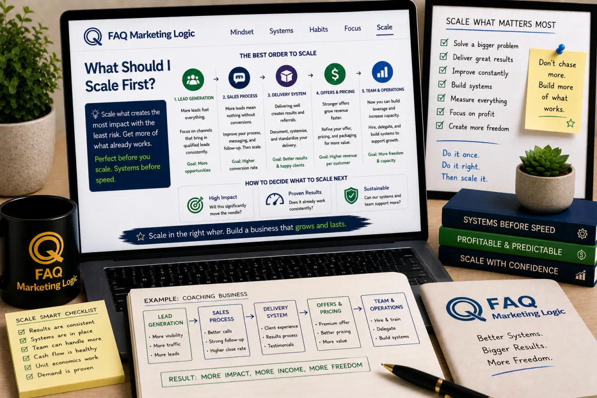 FAQ Marketing Logic scale article displayed on laptop with branded notebook and business growth focused workspace showing what to scale first in a business