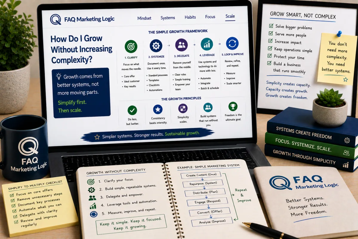 FAQ Marketing Logic scale article displayed on laptop with branded notebook and simplified business growth focused workspace showing how to grow without increasing complexity