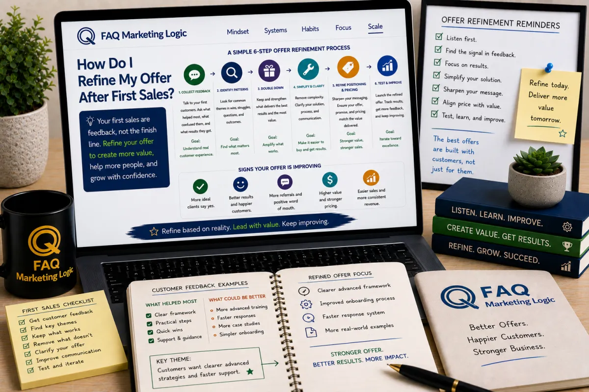 FAQ Marketing Logic business article displayed on laptop with branded notebook and offer optimization focused workspace showing how to refine an offer after first sales using customer feedback and continuous improvement