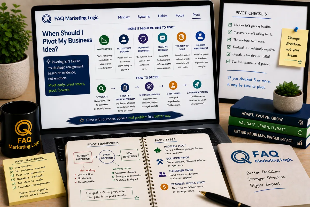 FAQ Marketing Logic business article displayed on laptop with branded notebook and strategic decision-making focused workspace showing when to pivot a business idea based on feedback, traction, and market demand