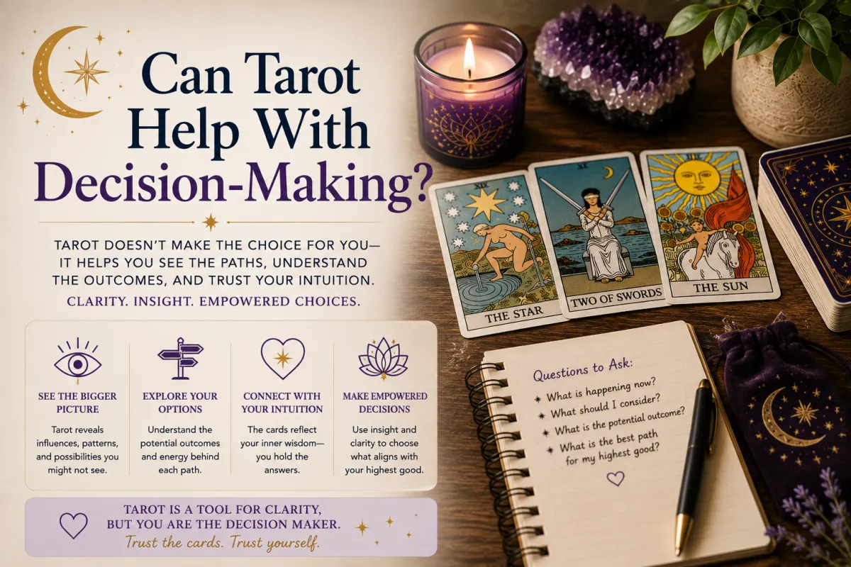 Tarot cards used for thoughtful decision making with reflective journaling intuitive guidance and exploring choices through tarot reading practice