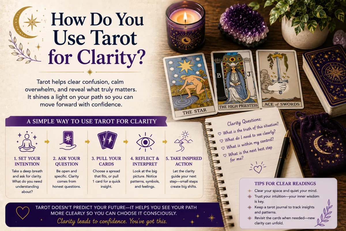 Using tarot cards for clarity through reflective questioning intuitive insight and thoughtful decision making in a calm tarot reading practice setup