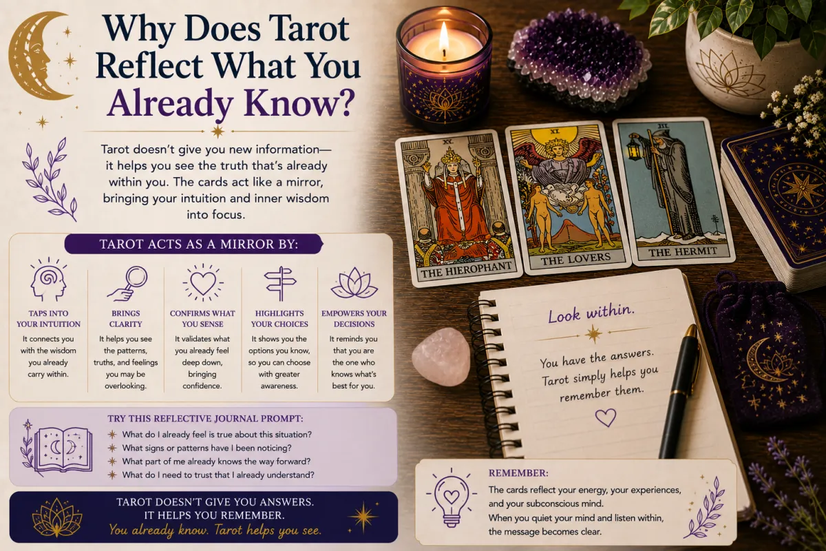 Tarot cards used as a mirror for self reflection intuitive awareness and uncovering personal insights already present within through thoughtful tarot practice