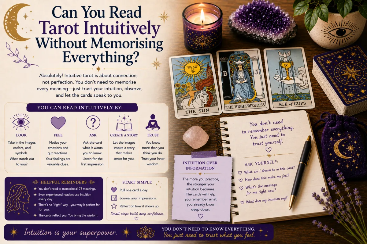 Reading tarot intuitively without memorising every card meaning by using observation personal insight symbolism and reflective tarot practice to build confidence and understanding