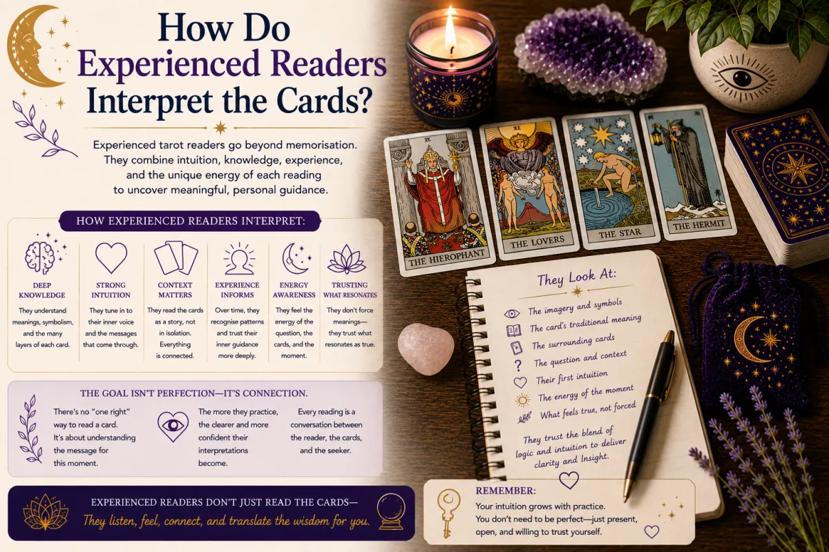 Experienced tarot reader interpreting multiple tarot cards through symbolism intuition card relationships and contextual insight within a reflective tarot reading practice setup