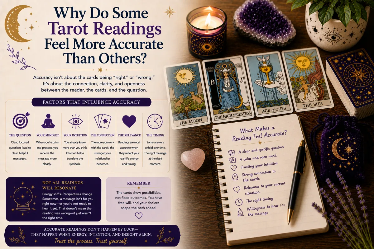 Tarot reading accuracy influenced by intuition clear questions personal reflection card symbolism and meaningful connection within a thoughtful tarot practice setup
