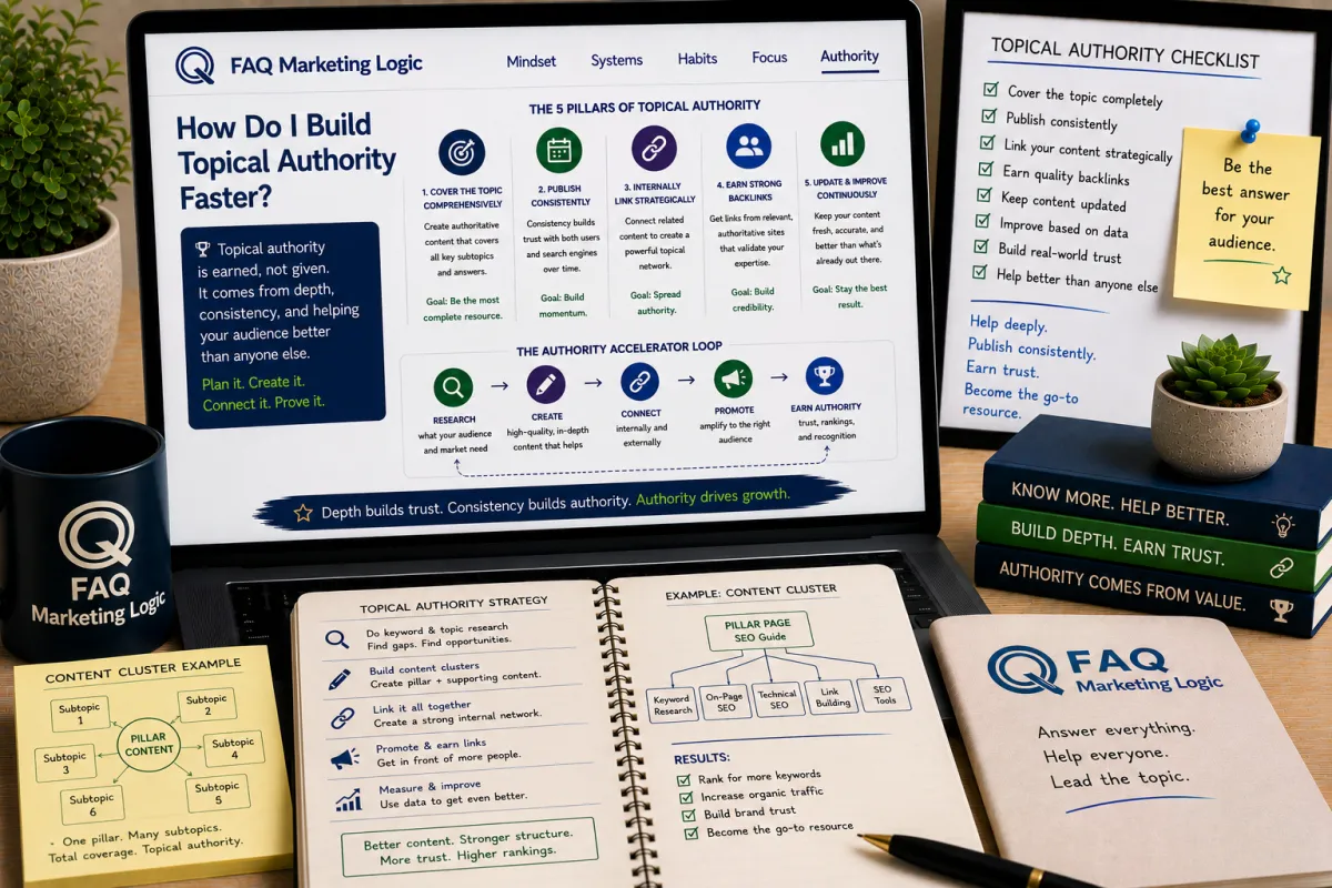 FAQ Marketing Logic traffic article displayed on laptop with branded notebook and content strategy focused workspace showing how to build topical authority faster through content clusters, internal linking, and consistent publishing