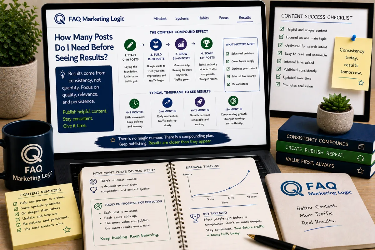 FAQ Marketing Logic traffic article displayed on laptop with branded notebook and content marketing focused workspace showing how many posts are needed before seeing results from consistent publishing and topical authority building