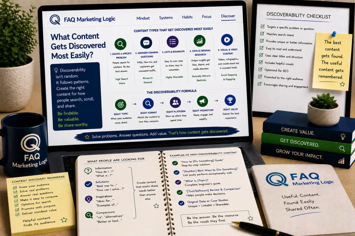 FAQ Marketing Logic traffic article displayed on laptop with branded notebook and content discovery focused workspace showing what types of content get discovered most easily through search, relevance, and topical authority