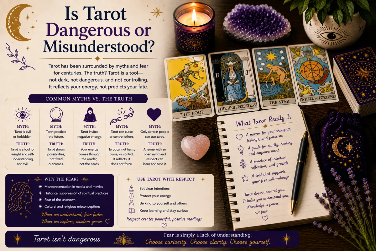 Exploring tarot myths and misconceptions through reflective tarot practice self awareness intuition and personal growth in a calm learning environment