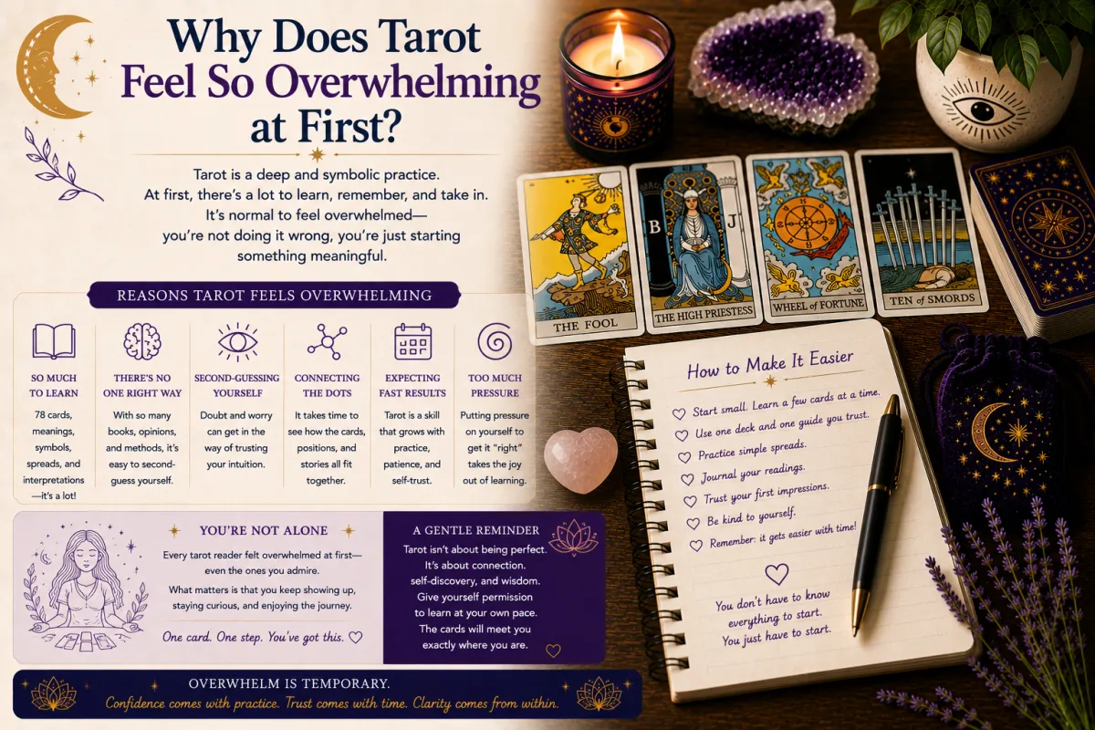 Beginner learning tarot and feeling overwhelmed by card meanings symbolism spreads and interpretation while developing confidence through gradual tarot practice and self reflection