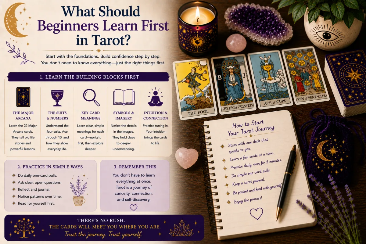Beginner learning tarot foundations including card meanings symbolism tarot suits intuition and simple reading techniques to build confidence step by step through tarot practice