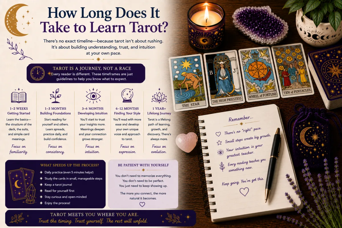 Learning tarot over time through consistent practice card study intuition development and reflective reading experience that builds confidence and understanding step by step