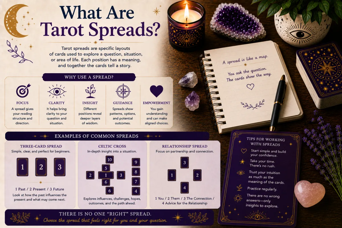 Tarot card spreads explained through simple layouts card positions and structured tarot reading techniques that help provide clarity insight and guidance for beginners and experienced readers alike