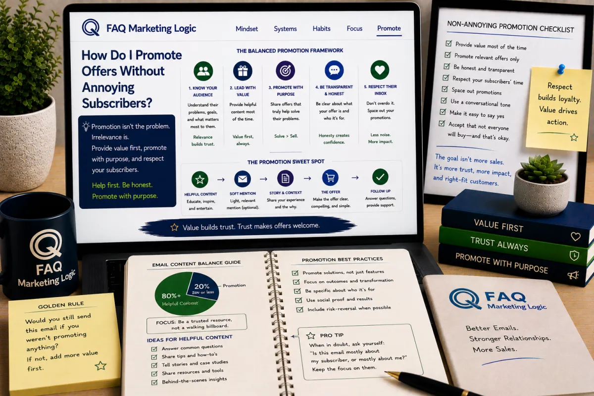 FAQ Marketing Logic email article displayed on laptop with branded notebook and email marketing focused workspace showing how to promote offers without annoying subscribers by leading with value, relevance, and trust
