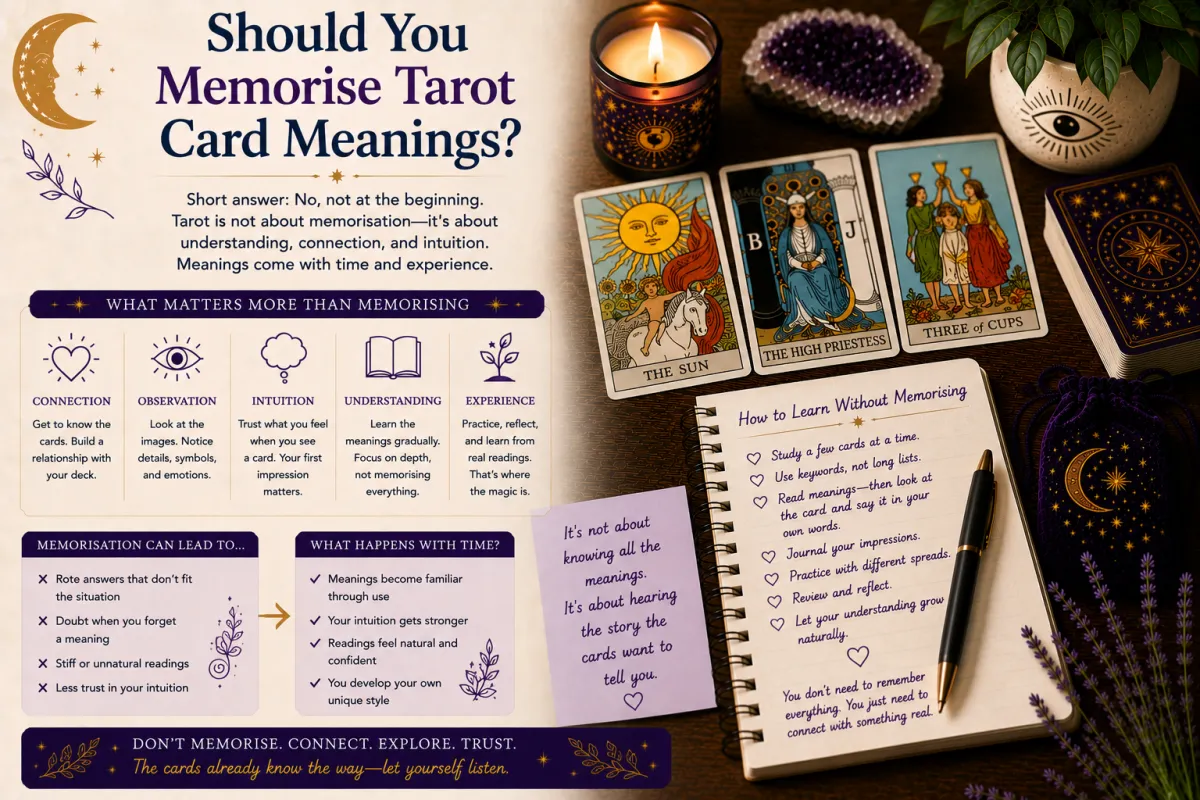 Learning tarot card meanings through understanding symbolism intuition and practical reading experience rather than relying only on memorisation and rote learning techniques