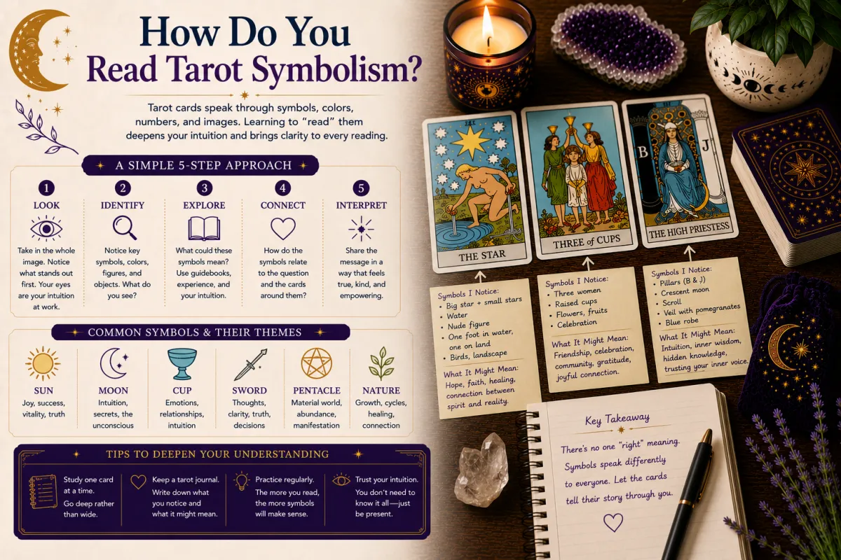 Reading tarot symbolism through colours numbers imagery and card symbols to develop deeper understanding intuition and confidence in tarot interpretation and personal readings