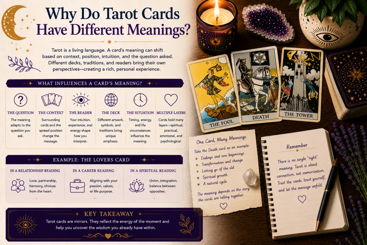 Understanding why tarot cards have different meanings through context symbolism card positions intuition and personal interpretation within a thoughtful tarot reading practice setup