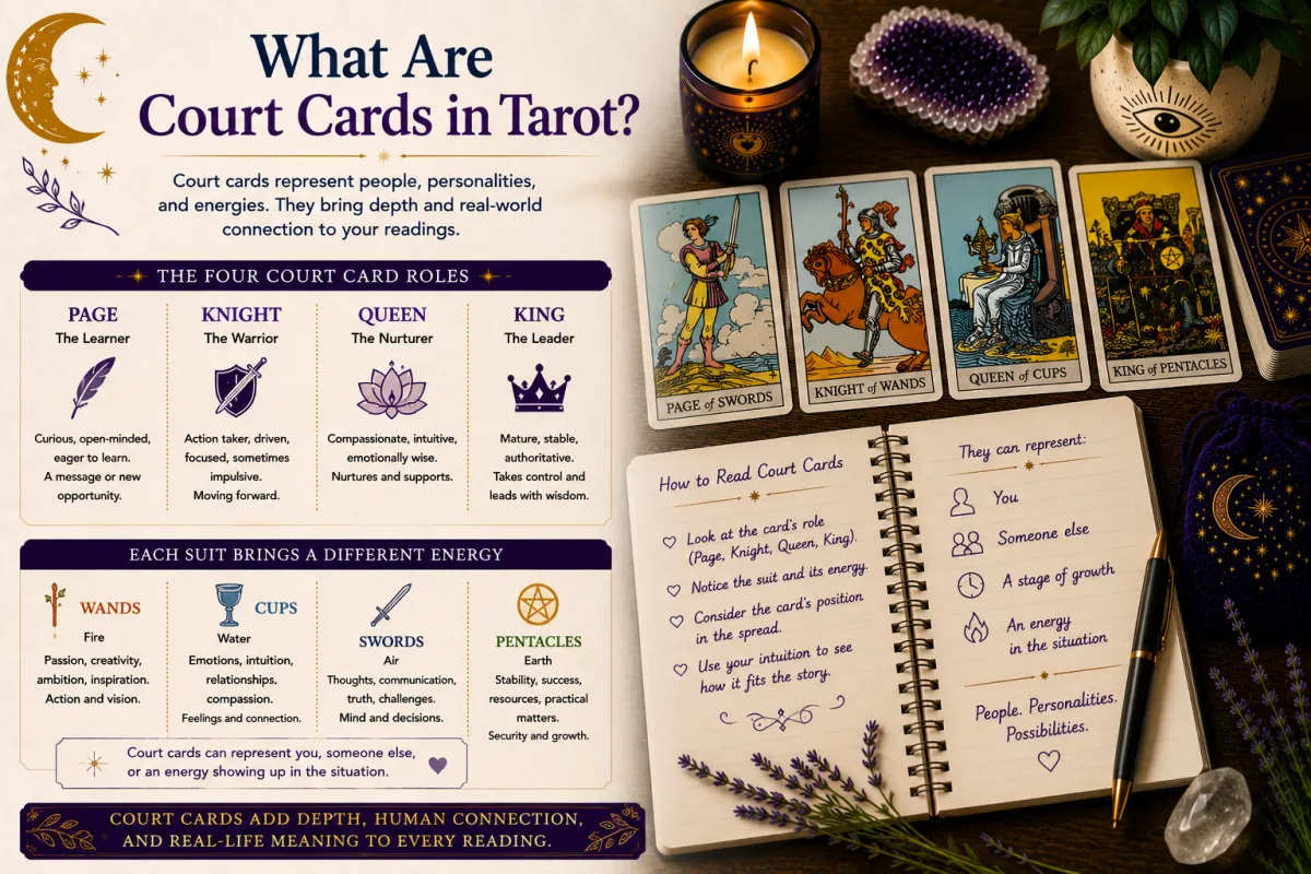 Understanding tarot court cards through pages knights queens and kings while exploring personality traits energies and roles within tarot readings and card interpretation practice