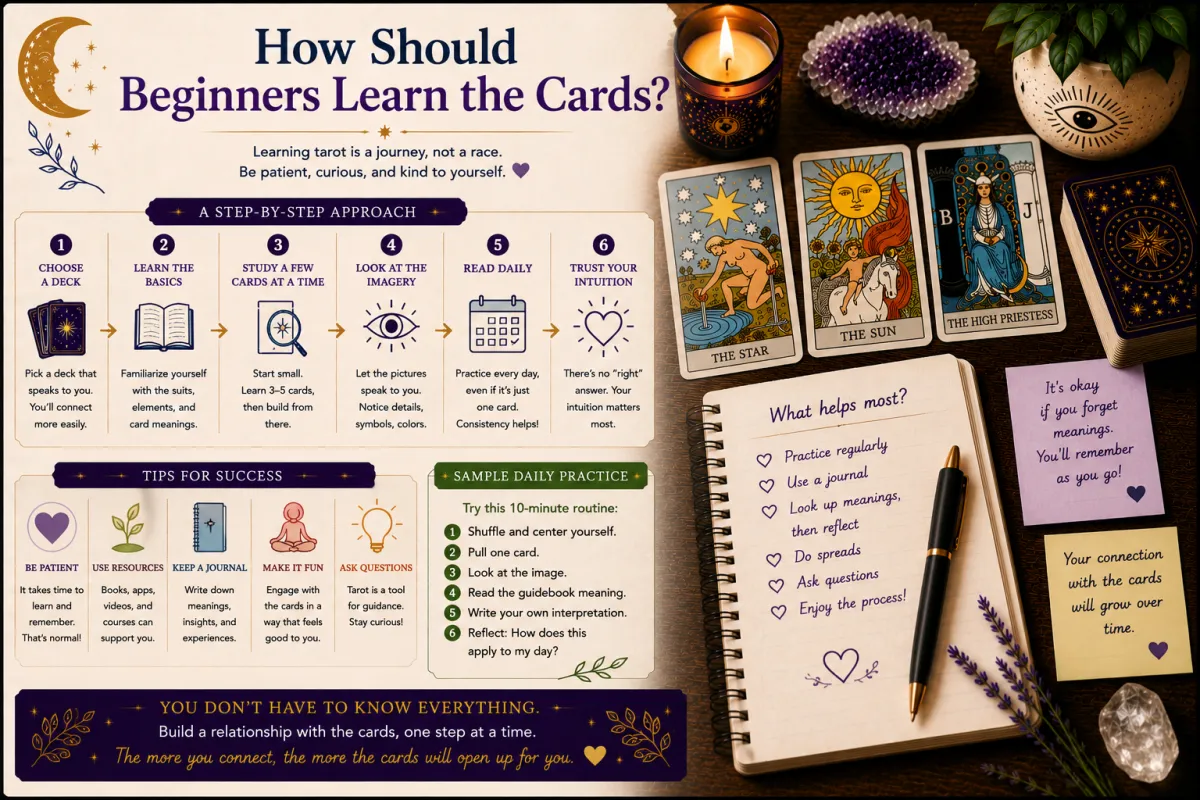 Beginner learning tarot cards through simple study methods card symbolism intuitive practice and gradual skill building to develop confidence and understanding over time
