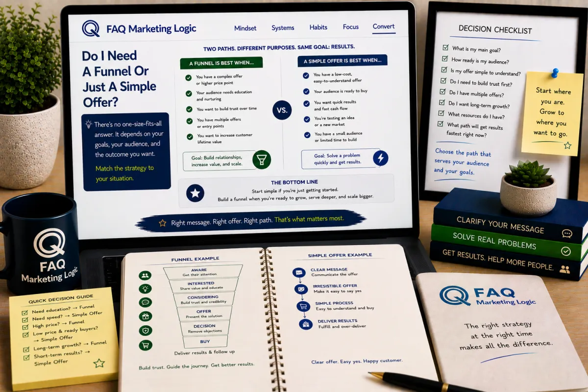 FAQ Marketing Logic conversion article displayed on laptop with branded notebook and marketing strategy focused workspace comparing a sales funnel with a simple offer to help choose the right approach for business growth and conversions