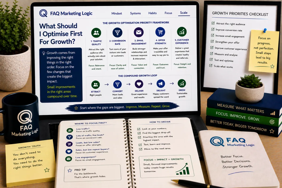 FAQ Marketing Logic scale article displayed on laptop with branded notebook and business growth focused workspace showing what to optimise first for growth by improving traffic quality, conversions, email engagement, and customer experience