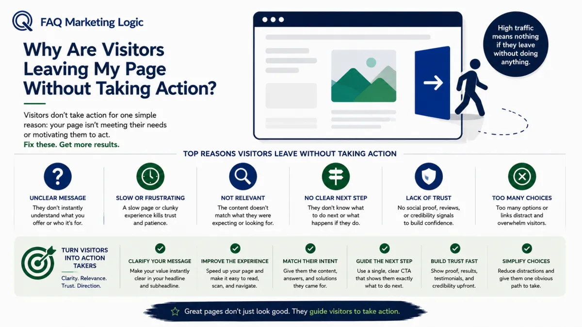 FAQ Marketing Logic infographic explaining why visitors leave a webpage without taking action, highlighting common conversion barriers such as unclear messaging, lack of trust, poor user experience, and missing calls to action
