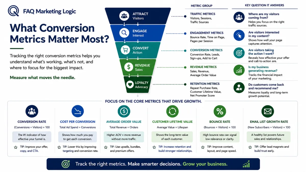 FAQ Marketing Logic infographic explaining the conversion metrics that matter most, including conversion rate, bounce rate, customer lifetime value, revenue, and engagement metrics to measure and improve marketing performance