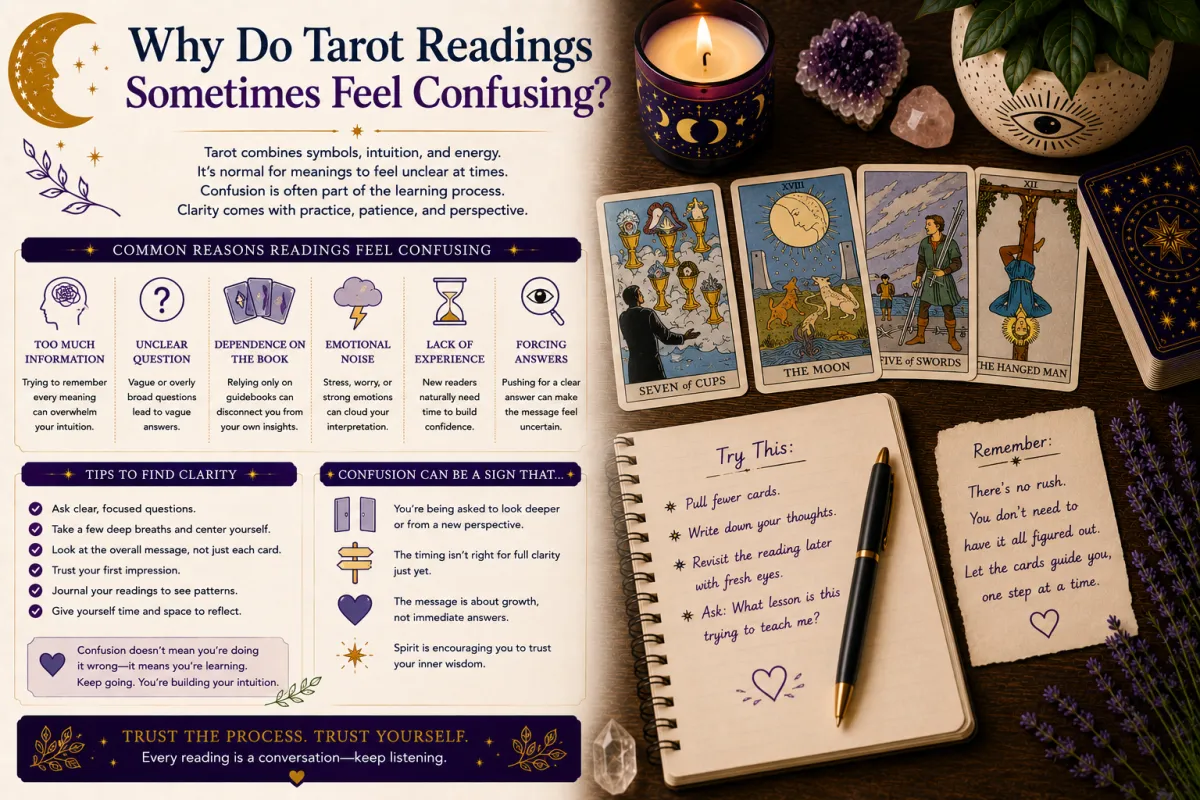 Tarot reading feeling confusing due to symbolism multiple meanings intuition and card combinations while learning to gain clarity through practice reflection and thoughtful interpretation